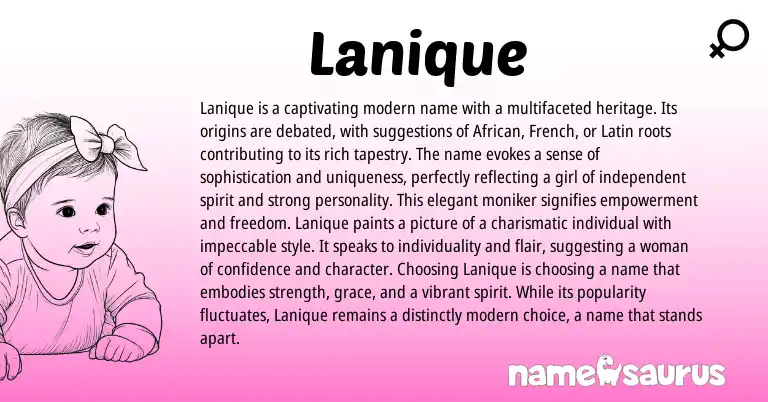 Infographic about Lanique name meaning, Lanique is a name from Latin, French, African, American origin(s).