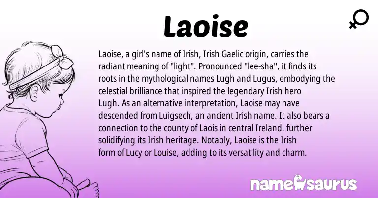 Infographic about Laoise name meaning, Laoise is a name from Irish, Gaelic, Ireland origin(s).