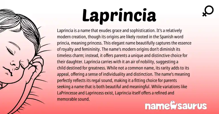 Infographic about Laprincia name meaning, Laprincia is a name from Spanish origin(s).