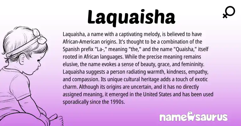 Infographic about Laquaisha name meaning, Laquaisha is a name from African, Spanish origin(s).