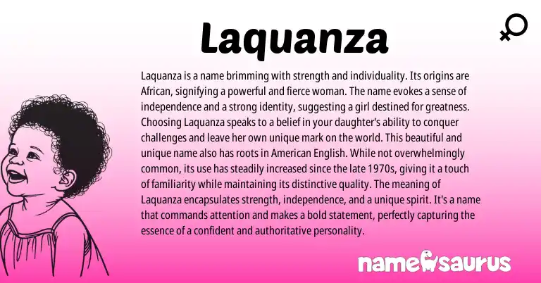 Infographic about Laquanza name meaning, Laquanza is a name from African, English origin(s).