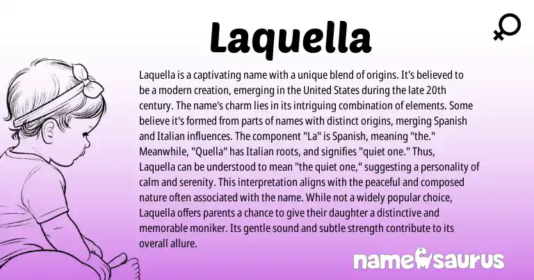 Infographic about Laquella name meaning, Laquella is a name from Italian, Spanish origin(s).