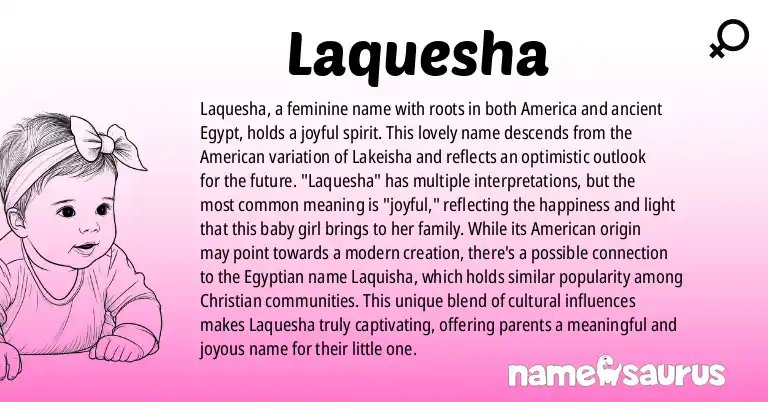 Infographic about Laquesha name meaning, Laquesha is a name from American, Egyptian origin(s).