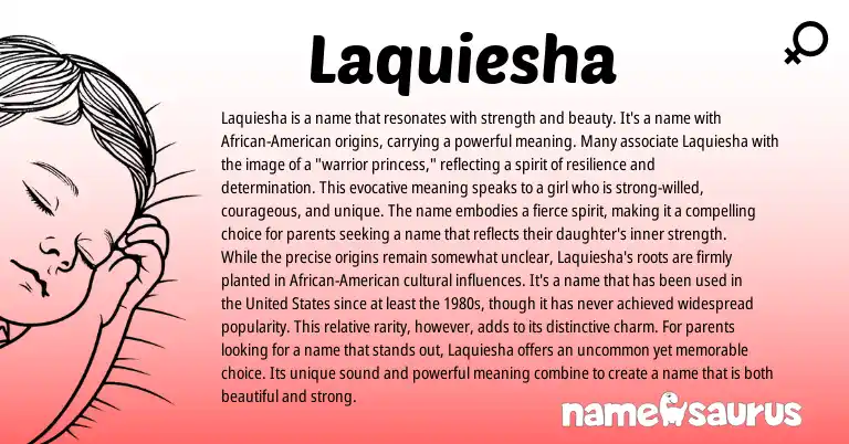 Infographic about Laquiesha name meaning, Laquiesha is a name from American, African origin(s).