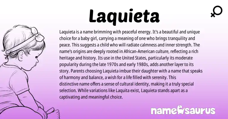 Infographic about Laquieta name meaning, Laquieta is a name from American origin(s).