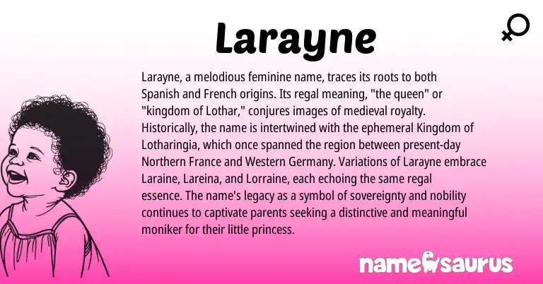 Infographic about Larayne name meaning, Larayne is a name from Spanish, French origin(s).