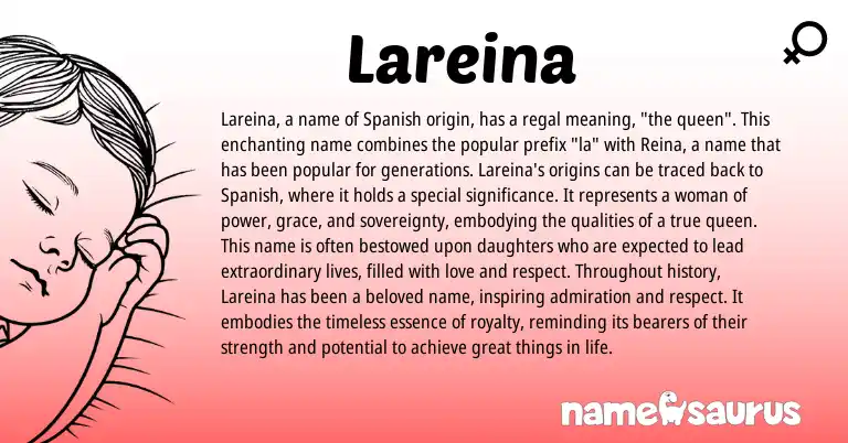 Infographic about Lareina name meaning, Lareina is a name from Spanish origin(s).