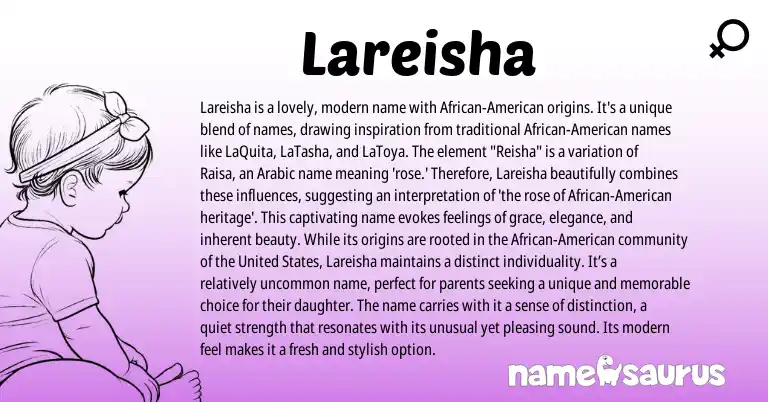 Infographic about Lareisha name meaning, Lareisha is a name from Arabic origin(s).