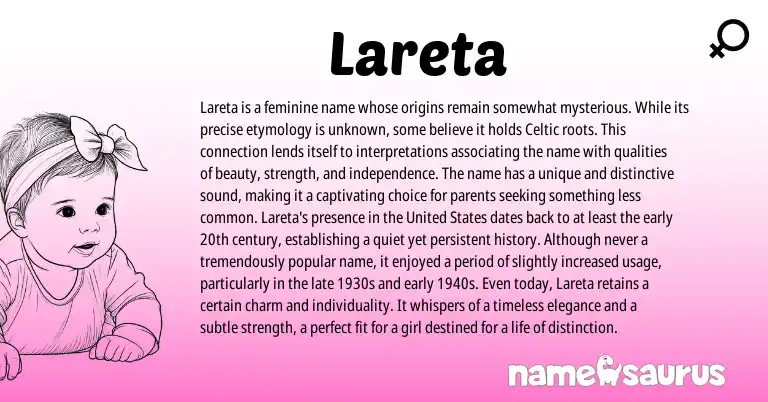 Infographic about Lareta name meaning, Lareta is a name from Celtic origin(s).