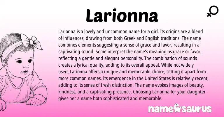 Infographic about Larionna name meaning, Larionna is a name from Greek origin(s).
