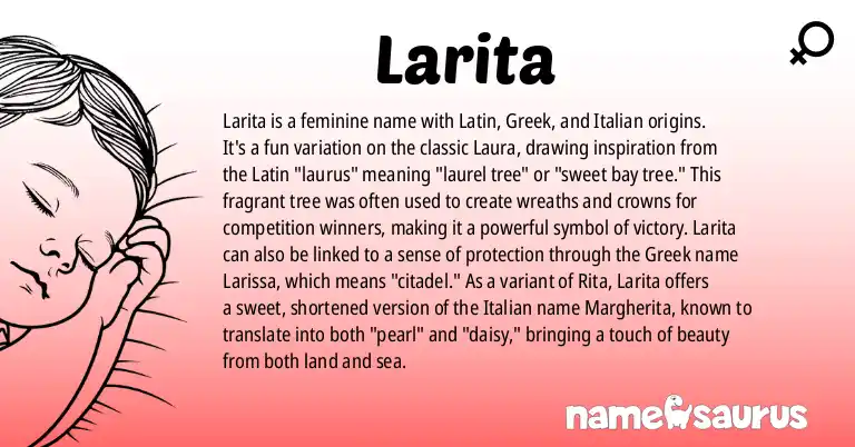 Infographic about Larita name meaning, Larita is a name from Latin, Greek, Italian origin(s).