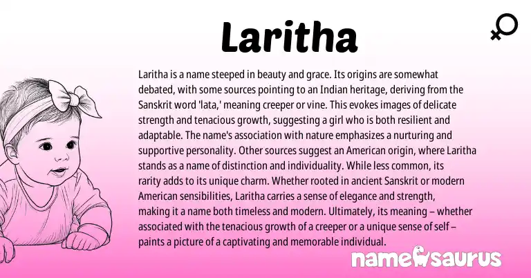 Infographic about Laritha name meaning, Laritha is a name from Indian, Sanskrit origin(s).