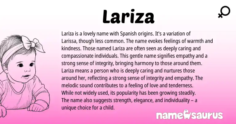 Infographic about Lariza name meaning, Lariza is a name from Spanish origin(s).