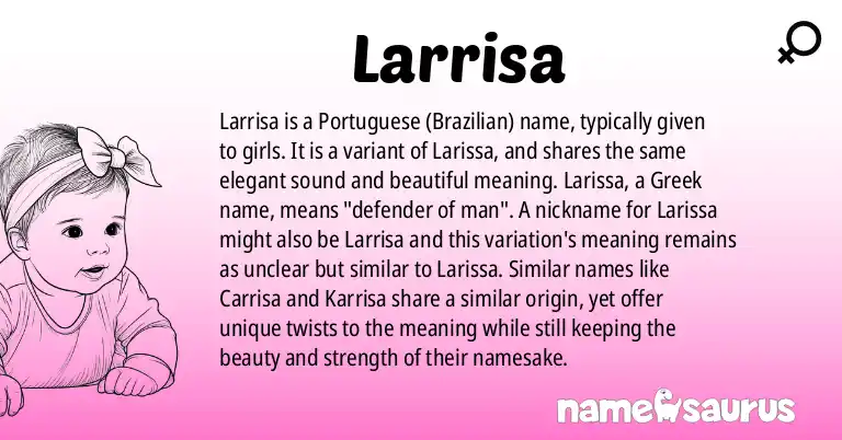 Infographic about Larrisa name meaning, Larrisa is a name from Portuguese (Brazilian) origin(s).