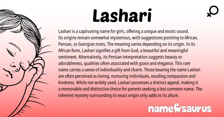 Infographic about Lashari name meaning, Lashari is a name from Persian, African, Georgian origin(s).
