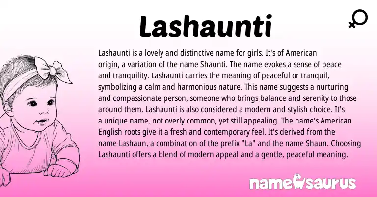 Infographic about Lashaunti name meaning, Lashaunti is a name from American origin(s).
