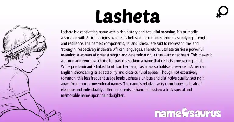 Infographic about Lasheta name meaning, Lasheta is a name from African, English origin(s).
