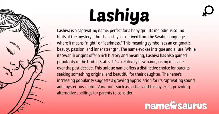 Infographic about Lashiya name meaning, Lashiya is a name from Swahili origin(s).
