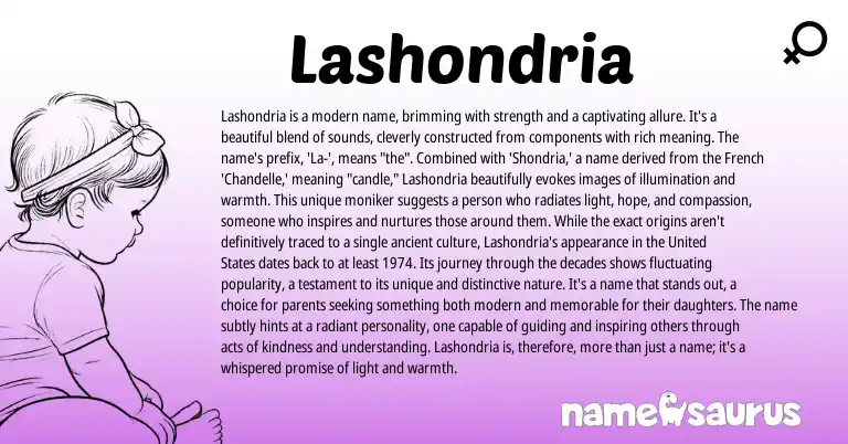 Infographic about Lashondria name meaning, Lashondria is a name from French origin(s).