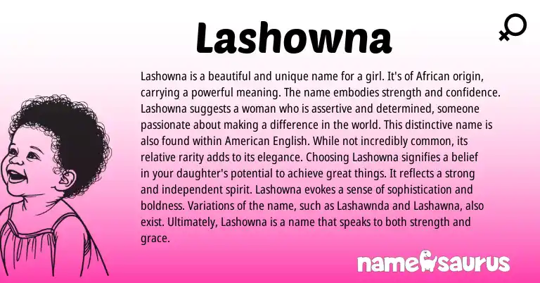 Infographic about Lashowna name meaning, Lashowna is a name from African, American origin(s).