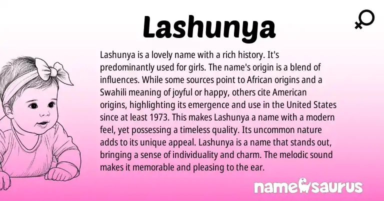 Infographic about Lashunya name meaning, Lashunya is a name from African, Swahili origin(s).