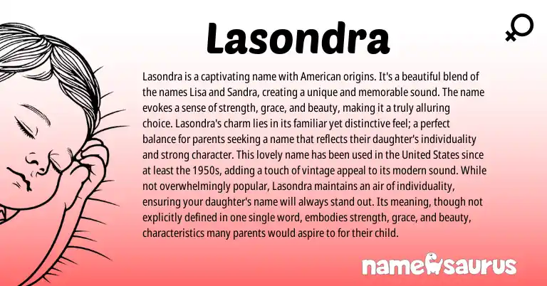 Infographic about Lasondra name meaning, Lasondra is a name from American origin(s).