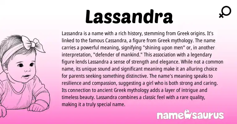 Infographic about Lassandra name meaning, Lassandra is a name from Greek origin(s).
