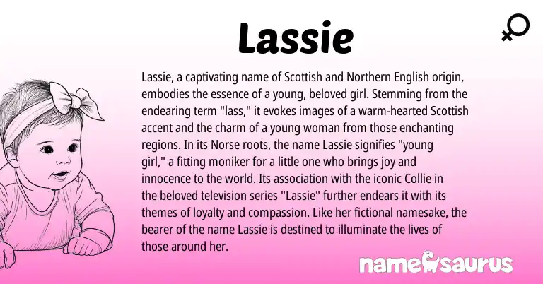 Infographic about Lassie name meaning, Lassie is a name from Northern English, Scottish, Norse origin(s).