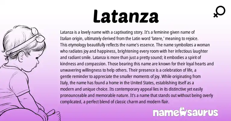 Infographic about Latanza name meaning, Latanza is a name from Latin, Italian origin(s).