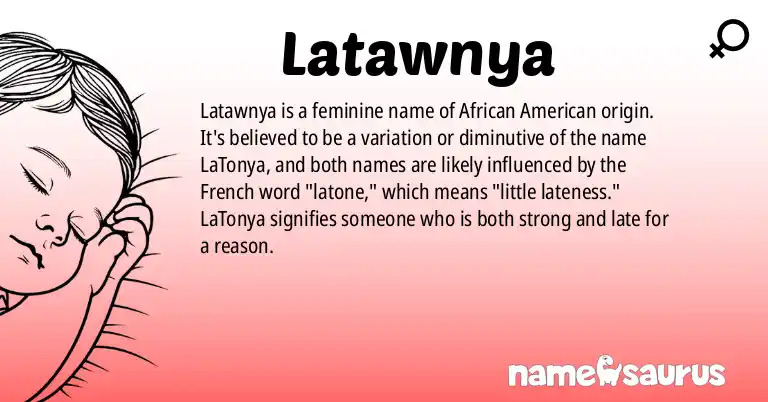 Infographic about Latawnya name meaning, Latawnya is a name from African American origin(s).
