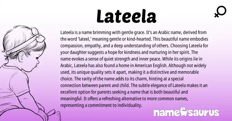 Infographic about Lateela name meaning, Lateela is a name from Arabic origin(s).