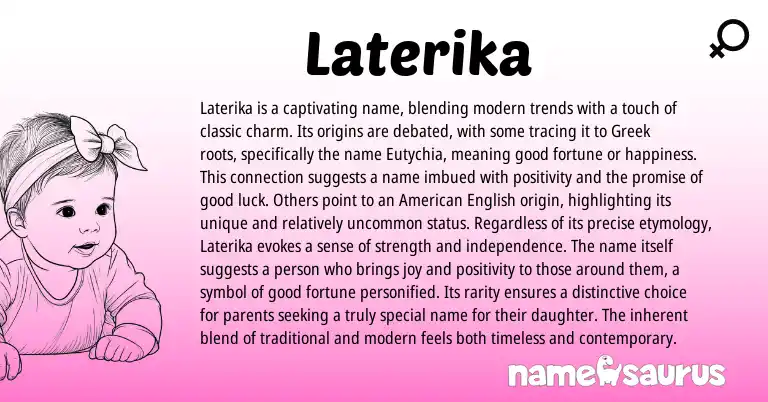 Infographic about Laterika name meaning, Laterika is a name from Greek, American origin(s).