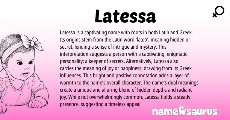 Infographic about Latessa name meaning, Latessa is a name from Latin, American origin(s).