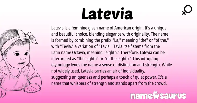 Infographic about Latevia name meaning, Latevia is a name from Latin, American origin(s).