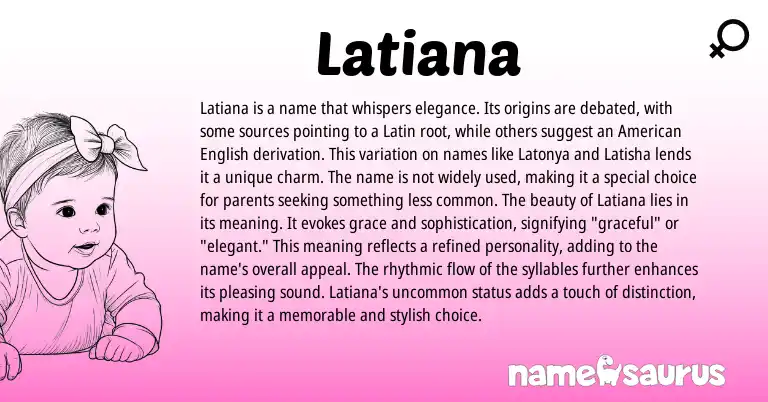 Infographic about Latiana name meaning, Latiana is a name from Latin, American origin(s).