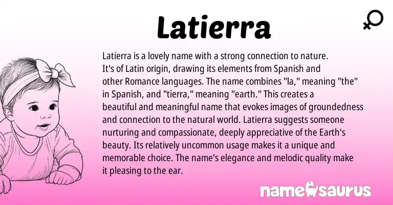 Infographic about Latierra name meaning, Latierra is a name from Latin, Romance, Spanish origin(s).