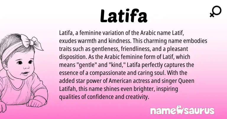 Infographic about Latifa name meaning, Latifa is a name from Arabic, American origin(s).