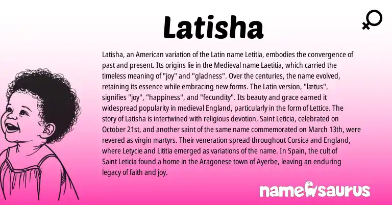 Infographic about Latisha name meaning, Latisha is a name from Aragonese, England, Spain, Latin, American origin(s).
