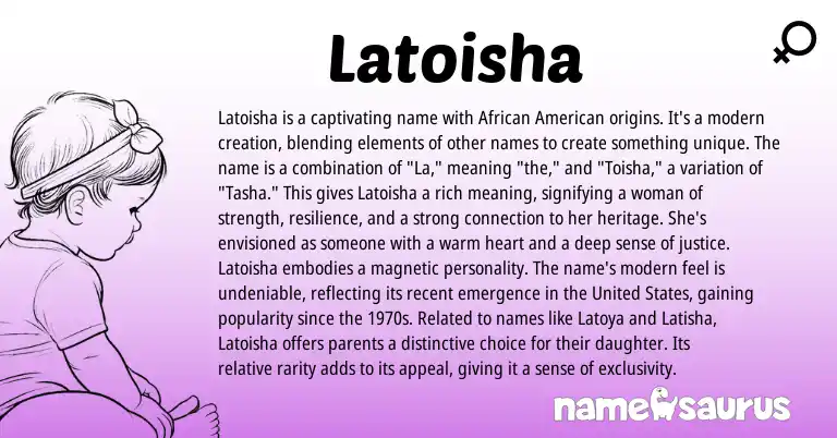 Infographic about Latoisha name meaning, Latoisha is a name from African, American origin(s).