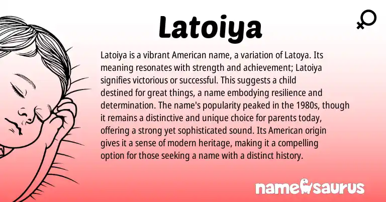 Infographic about Latoiya name meaning, Latoiya is a name from American origin(s).