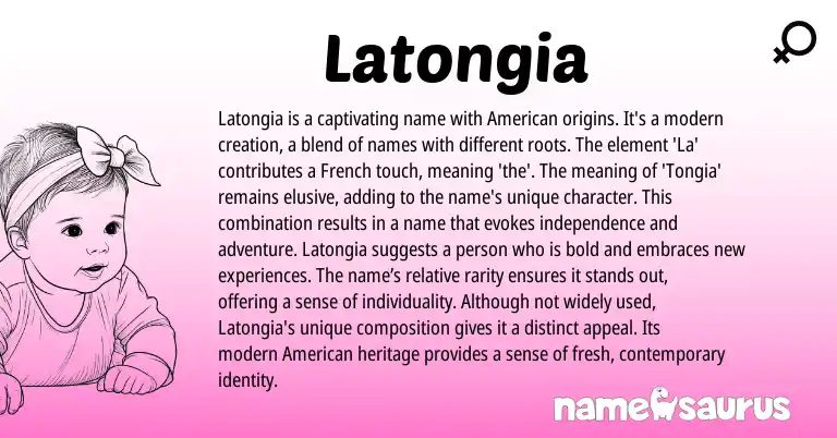 Infographic about Latongia name meaning, Latongia is a name from American, French origin(s).