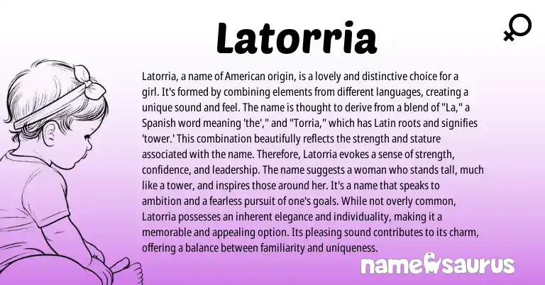Infographic about Latorria name meaning, Latorria is a name from Latin, Spanish, American origin(s).