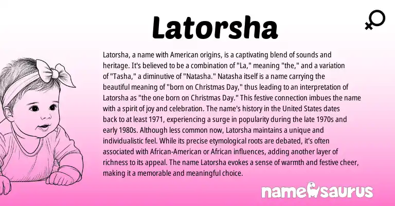 Infographic about Latorsha name meaning, Latorsha is a name from American origin(s).
