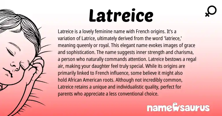 Infographic about Latreice name meaning, Latreice is a name from French, English origin(s).