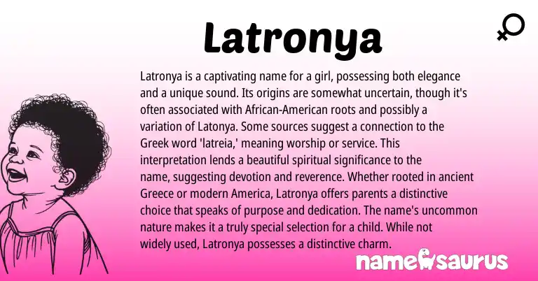 Infographic about Latronya name meaning, Latronya is a name from Greek, American origin(s).