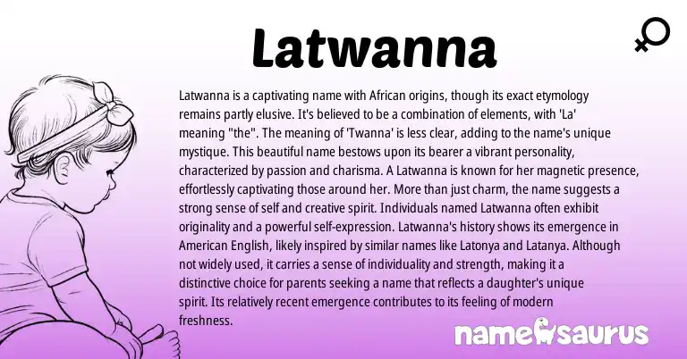 Infographic about Latwanna name meaning, Latwanna is a name from African, American origin(s).