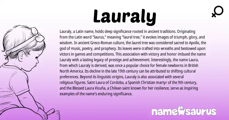 Infographic about Lauraly name meaning, Lauraly is a name from Roman, Spanish, British, Latin origin(s).