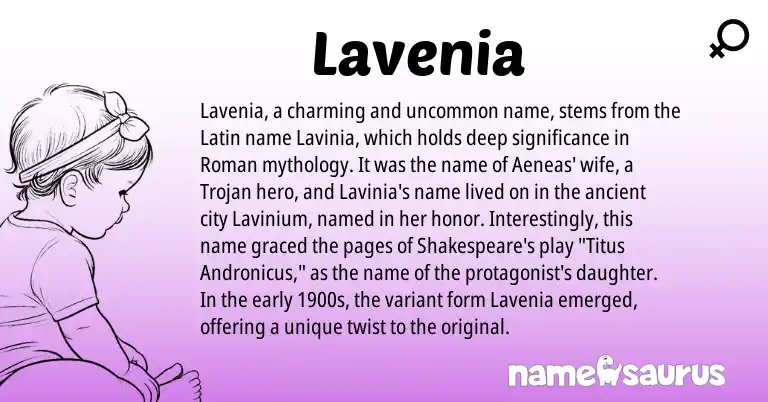 Infographic about Lavenia name meaning, Lavenia is a name from Roman, Latin origin(s).