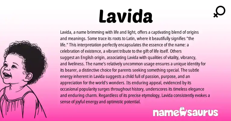 Infographic about Lavida name meaning, Lavida is a name from Latin origin(s).