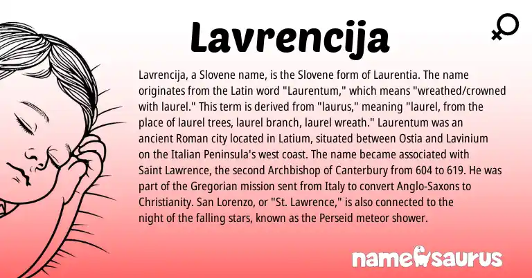Infographic about Lavrencija name meaning, Lavrencija is a name from Christianity, Roman, Latin, Slovene, Italian origin(s).